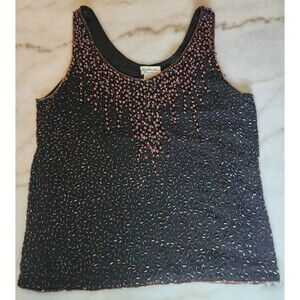 Vintage Judith Anne Creations Small 100% Silk Black & Gold Beaded Flowy Tank Top